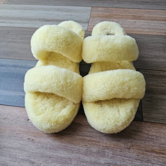 UGG Oh Yeah Fluff Slide Slippers Yellow Sheepskin Double Strap US 9 - Picture 2 of 7